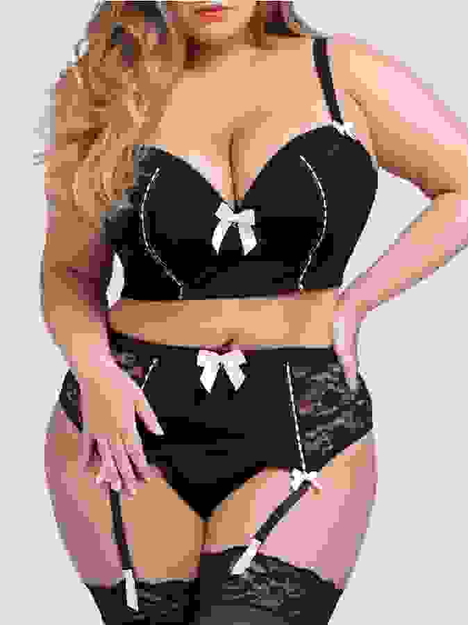 Lovehoney Seduce Me Plus Size Push-Up Longline Bra Set, Black, hi-res